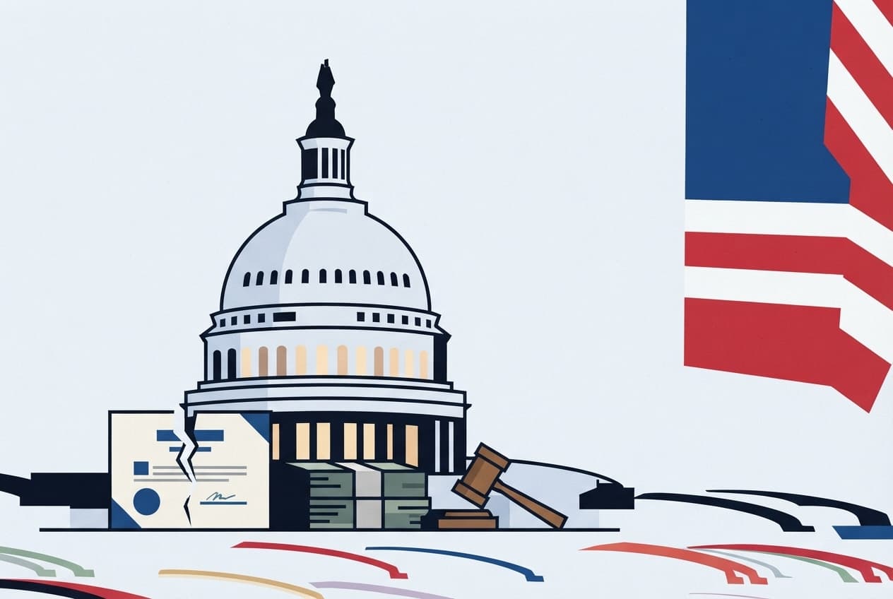 Flat illustration of Capitol dome, legal brief, money stack, gavel, torn document